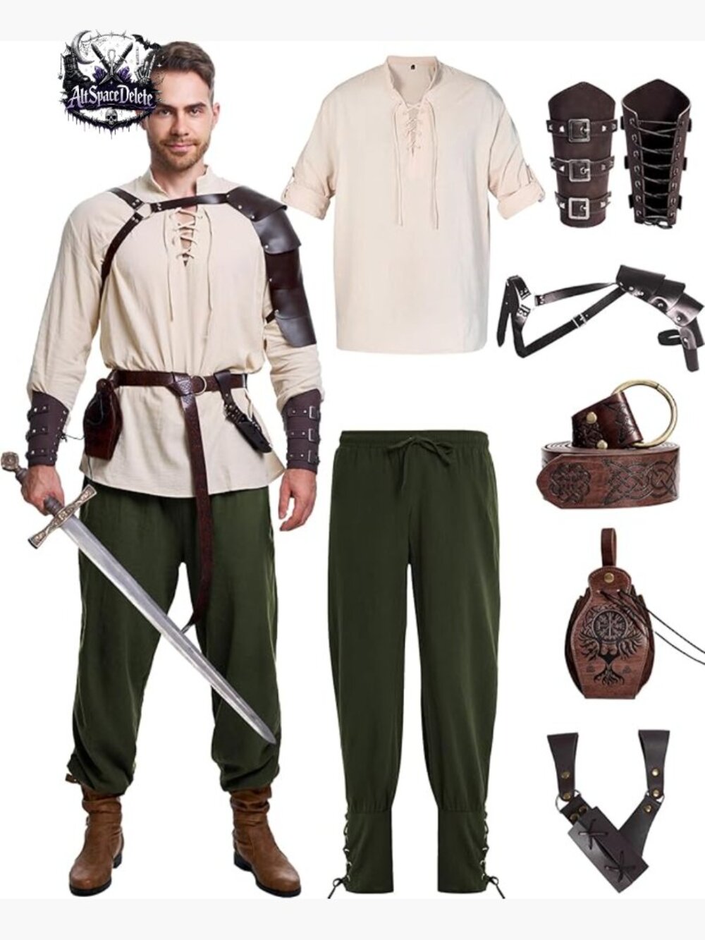8 Pc Medieval Pirate Costume Set Shirt Pant Viking Halloween Accessories